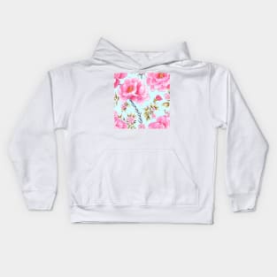 Pink roses on pale blue seamless chinoiserie pattern Kids Hoodie